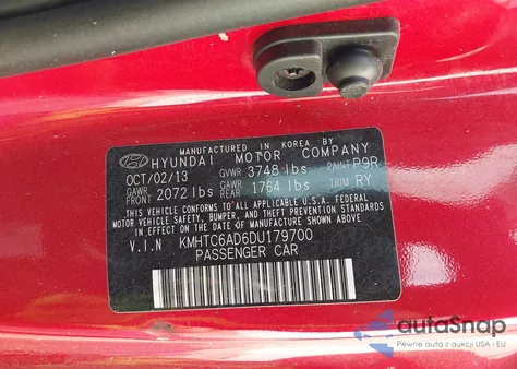 2013 Hyundai Veloster Base W/Black z USA, uszkodzony, nr VIN KMHTC6AD6DU179700